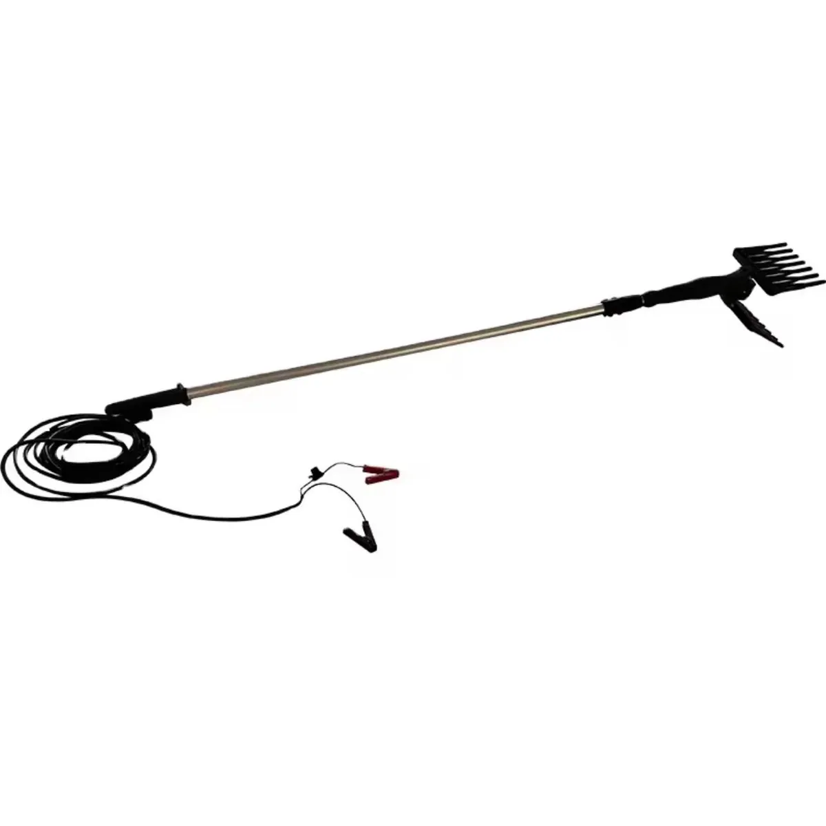Electric olive shaker with its pole, cable and battery clamps